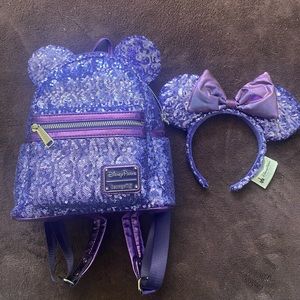 Loungefly Disney purple sequin backpack and matching ears